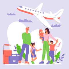 Traveling family of mother, father and kids, flat vector illustration. Banner background with people with luggage waiting for flight. Family travel and vacation.