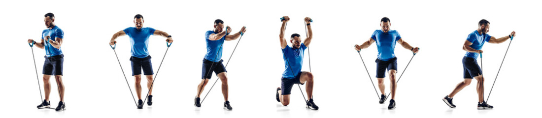 Collage about sportsman performing squats as secure resistance rope between legs, stretch loop with...