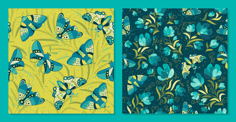 Butterflies and flowers, garden - set of vector Seamless patterns in a flat style. Spring mood. Background for fabric, textile, wallpaper, poster, web site, card, gift wrapping paper 