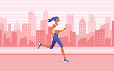 Fototapeta na wymiar Slim woman jogging in the city in sportswear and training shoes. urban running. Vector illustration