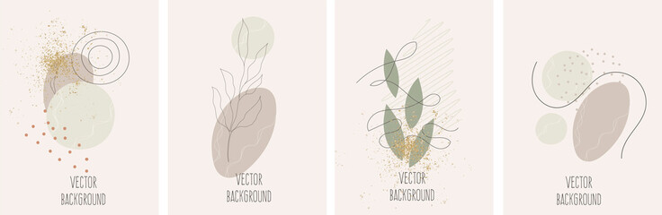 Set of vector universal backgrounds with hand drawn abstract shapes and gold glitter