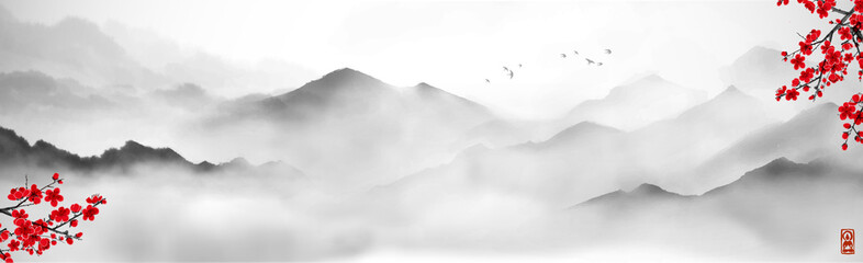 Misty mountains with gentle slopes and flock of birds in sunrise sky. Traditional oriental ink painting sumi-e, u-sin, go-hua. - 438840303