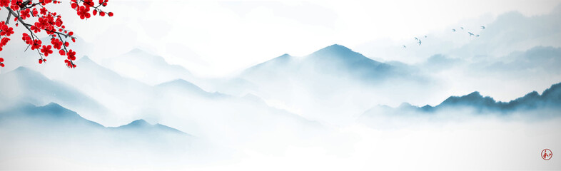 Landscape with blue misty mountains and blossming sakura branch. Traditional oriental ink painting sumi-e, u-sin, go-hua. Translation of hieroglyph - harmony © elinacious