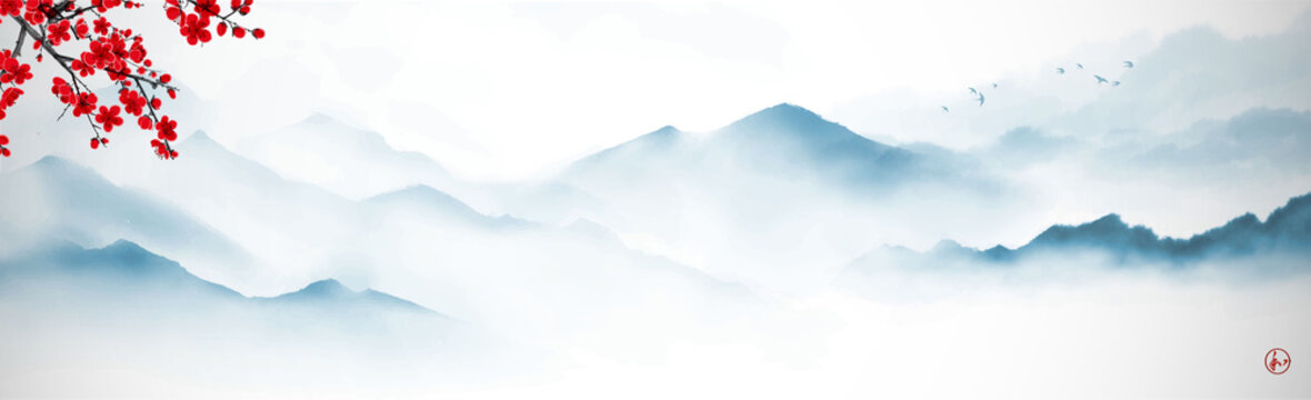 Landscape with blue misty mountains and blossming sakura branch. Traditional oriental ink painting sumi-e, u-sin, go-hua. Translation of hieroglyph - harmony