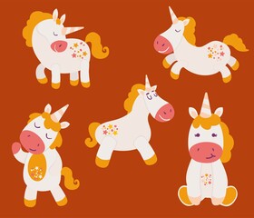 Cute hand drawn set of unicorns. Fairy tale characters. Cartoon style. Vector illustration.