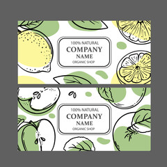 LEMON GREEN APPLE LABELS Design Of Stickers For Shop Of Organic Natural Fresh Fruits Vegetables And Dessert Drink Products In Sketch Style Vector Illustration Set