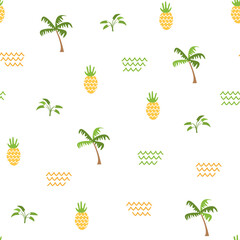 Summer nature seamless pattern. Vector illustration of pineapples, palm trees, waves and safari plants