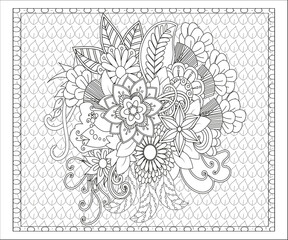 Outline vector drawing of flowers for adult coloring books. Page of floral pattern in black and white