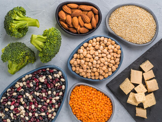 Vegetarian healthy protein sources on gray concrete background. Quinoa, chickpea, almond, red lentils, mixed bean, broccoli, tofu as vegan sources of protein concept. Close up. Top view or flat lay.