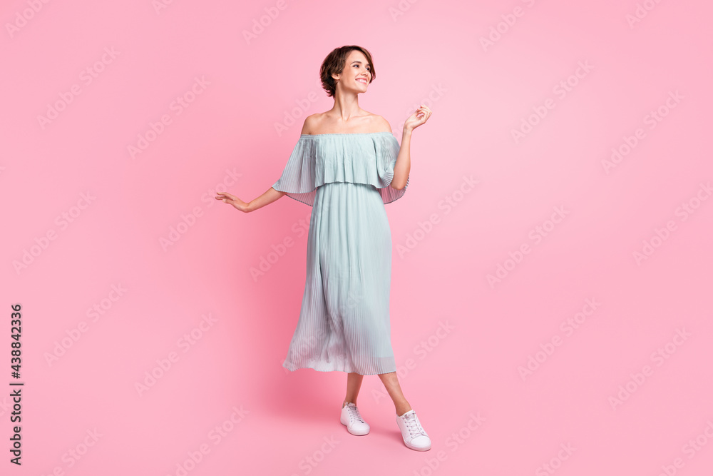 Poster full length photo of young girl happy positive smile have fun enjoy dance look empty space isolated 