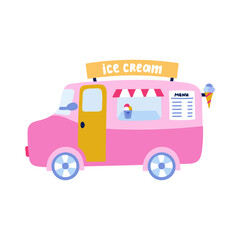 Cute and funny hand drawn ice cream van isolated doodle on the background. Classic summer ice cream truck in bright and pink colors. Side view vector illustration. For scrapbook, fabric, posters.