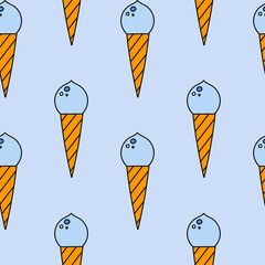 Cute and colorful vector seamless hand drawn pattern with ice cream in pastel colors. Can be used for wrapping paper, bedclothes, notebook, packages, gift paper, fabric, textile, planners, socks.