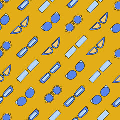 Cute and colorful vector seamless hand drawn pattern with sunglasses, eyeglasses and goggles in bright colors. Can be used for, wrapping paper, bedclothes, notebook, packages, gift paper, textile.
