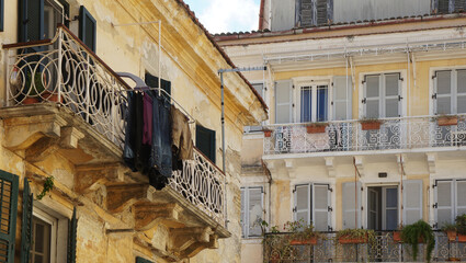 traditional old historic balcony in the picturesque island, Corfu, Greece