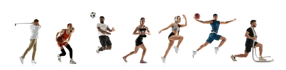 Sport collage. Tennis, soccer football, basketball players posing isolated on white studio background.