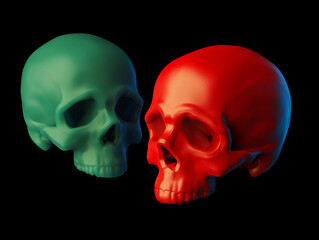 Abstract 2 sculpted red plastic and green wax skulls without lower jaws isolated on black background. 3d illustration