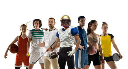 Sport collage. Tennis, basketball, american football, fitness, golf, volleyball players posing isolated on white studio background.
