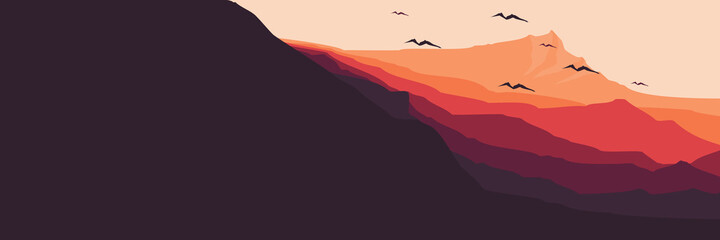 Obraz premium mountain flat design with bird silhouette vector illustration for desktop background, web banner, internet banner 