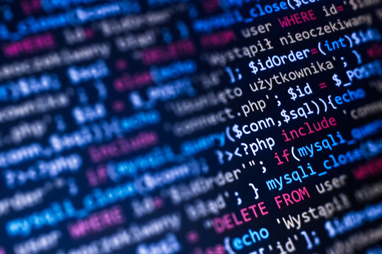 PHP language web programming source code. Abstract code background.  Backend programming, software development concept