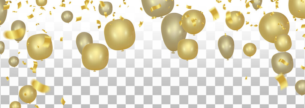 Vector party new balloons gold color illustration. Confetti and ribbons flag ribbons, Celebration background template