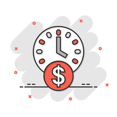 Obraz premium Time is money icon in comic style. Project management cartoon vector illustration on white isolated background. Deadline splash effect business concept.