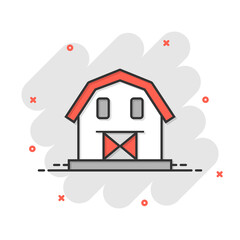 Barn icon in comic style. Farm house cartoon vector illustration on white isolated background. Agriculture storehouse splash effect business concept.