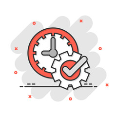 Check mark on clock icon in comic style. Gear with time cartoon vector illustration on white isolated background. Production splash effect business concept.