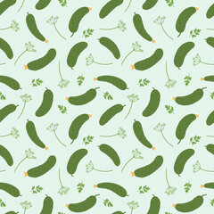 Seamless pattern with cucumbers and dill inflorescences. Vector background in simple flat style.