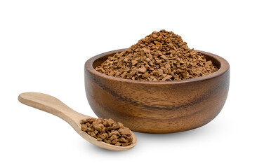 Instant coffee powder with wooden spoon and bowl isolated on white background ,include clipping path