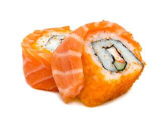 rolled sushi salmon nigiri isolated on white background, Japanese food