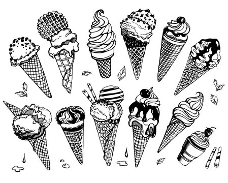 Set of ice cream in a waffle cone, with chocolate, jam, nuts, cherries, strawberries, mint. Vector image on transparent background, drawn by a pen