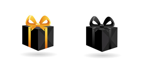 Set of black gift boxes with gold and black ribbon isolated on white background. For christmas, birthday, valentine, halloween, black friday. Vector illustration.
