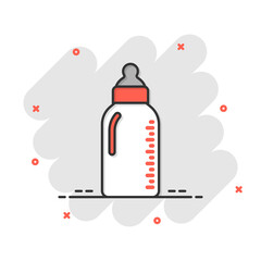 Baby bottle icon in comic style. Milk container cartoon vector illustration on white isolated background. Drink glass splash effect business concept.