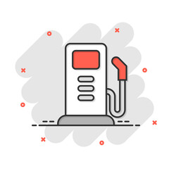 Fuel pump icon in comic style. Gas station cartoon sign vector illustration on white isolated background. Petrol splash effect business concept.