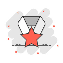 Medal icon in comic style. Prize cartoon sign vector illustration on white isolated background. Trophy award splash effect business concept.