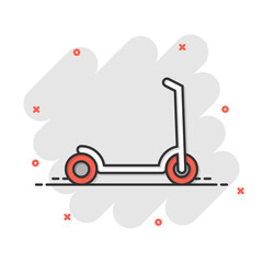 Electric scooter icon in comic style. Bike cartoon vector illustration on white isolated background. Transport splash effect business concept.