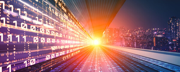Digital data flow on road with motion blur to create vision of fast speed transfer . Concept of...