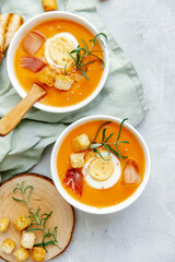 Vegan healthy food. Tomato soup or gazpacho on light  background. Copy space.