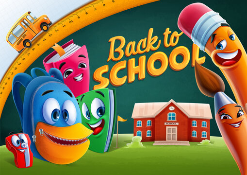 back to school graphics with bus and cartoon school characters set