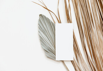 Summer stationery minimal mock-up. Blank card, palm leaves, beige textured table background. Wedding mock up. Flat lay, top view