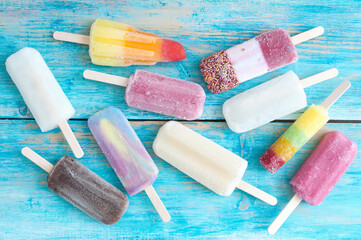 Assorted frozen ice popsicles