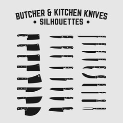 Set of Kitchen Butcher Chef Bread Knives Knife Dagger Cleaver Silhouette Logo Design Template. Suitable for Adventure Hunting Butchery Chef Restaurant Business in Retro Vintage Hipster Grunge Style.