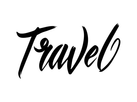 Script hand lettering Travel, isolated on white background. Vector illustration of a logo on the theme of travel