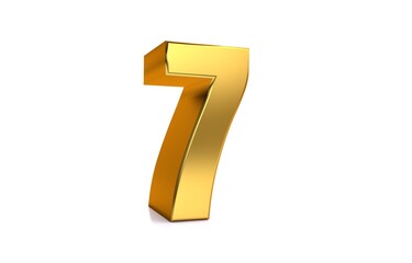 Seven, 3d illustration golden number 7 on white background and copy space on right hand side for text, best for anniversary, birthday, new year celebration.