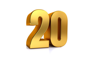 twenty, 3d illustration golden number 20 on white background and copy space on right hand side for text, Best for anniversary, birthday, new year celebration.