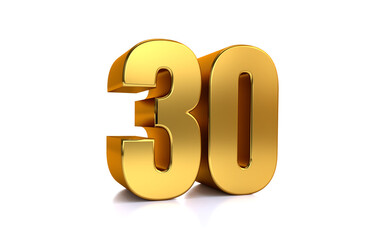 thirty, 3d illustration golden number 30 on white background and copy space on right hand side for text, Best for anniversary, birthday, new year celebration.