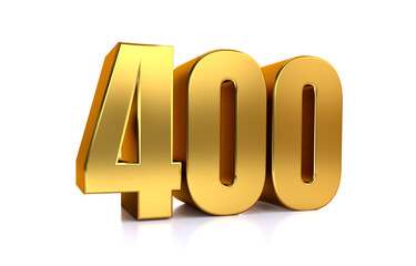 four hundred, 3d illustration golden number 400 on white background and copy space on right hand side for text