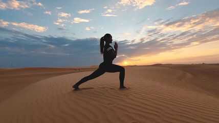 Silhouette of a young woman doing yoga at sunset in the vast desert. Epic sunset and sports concept photo.