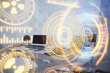 Double exposure of tech theme drawings and office interior background. Technology concept.