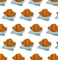 Seamless pattern with delicious pattern with appetizing croissants, on blue paper and red background. Vector illustration.